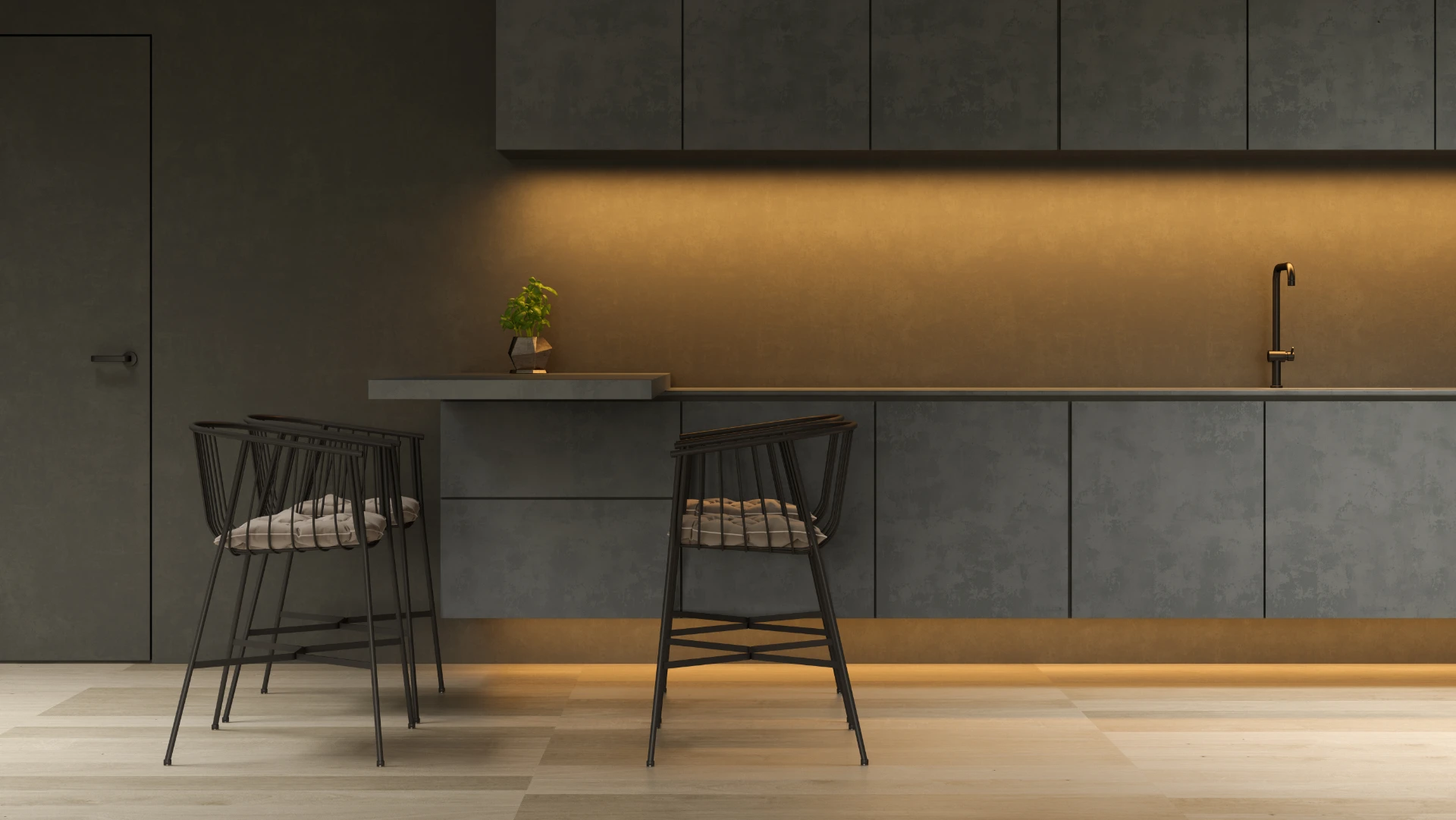 Minimalist kitchen bar with black chairs and ambient lighting